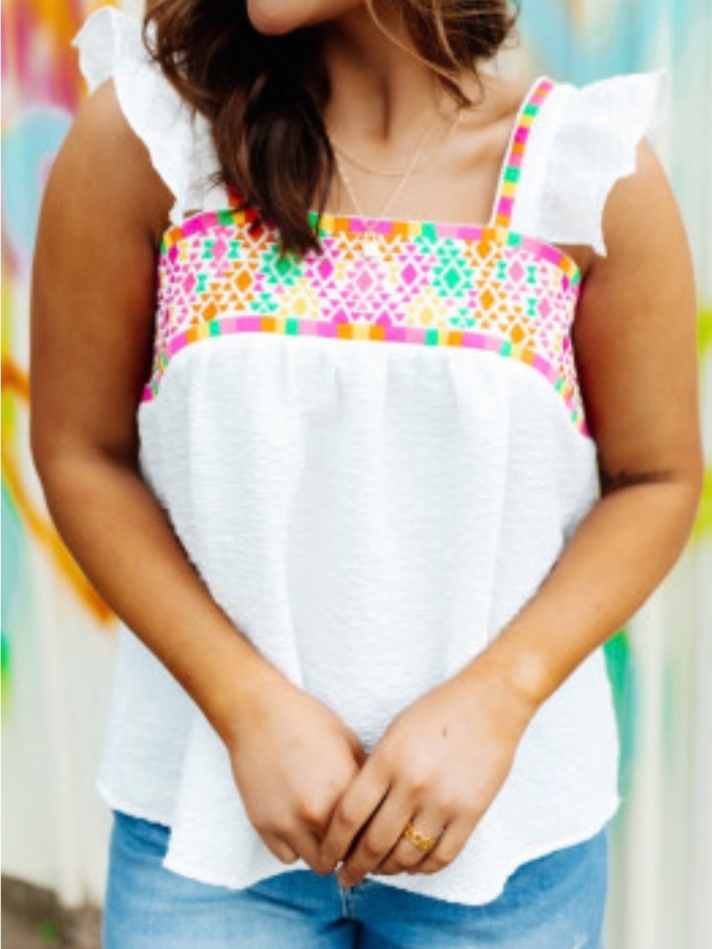 THML White Tank Top with Neon Embroidered Yoke